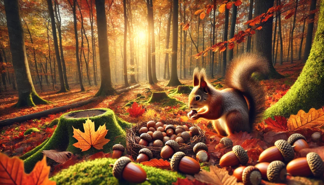 Waldtiere im Herbst entdecken - Eichhörnchen sammeln fleißig Nüsse