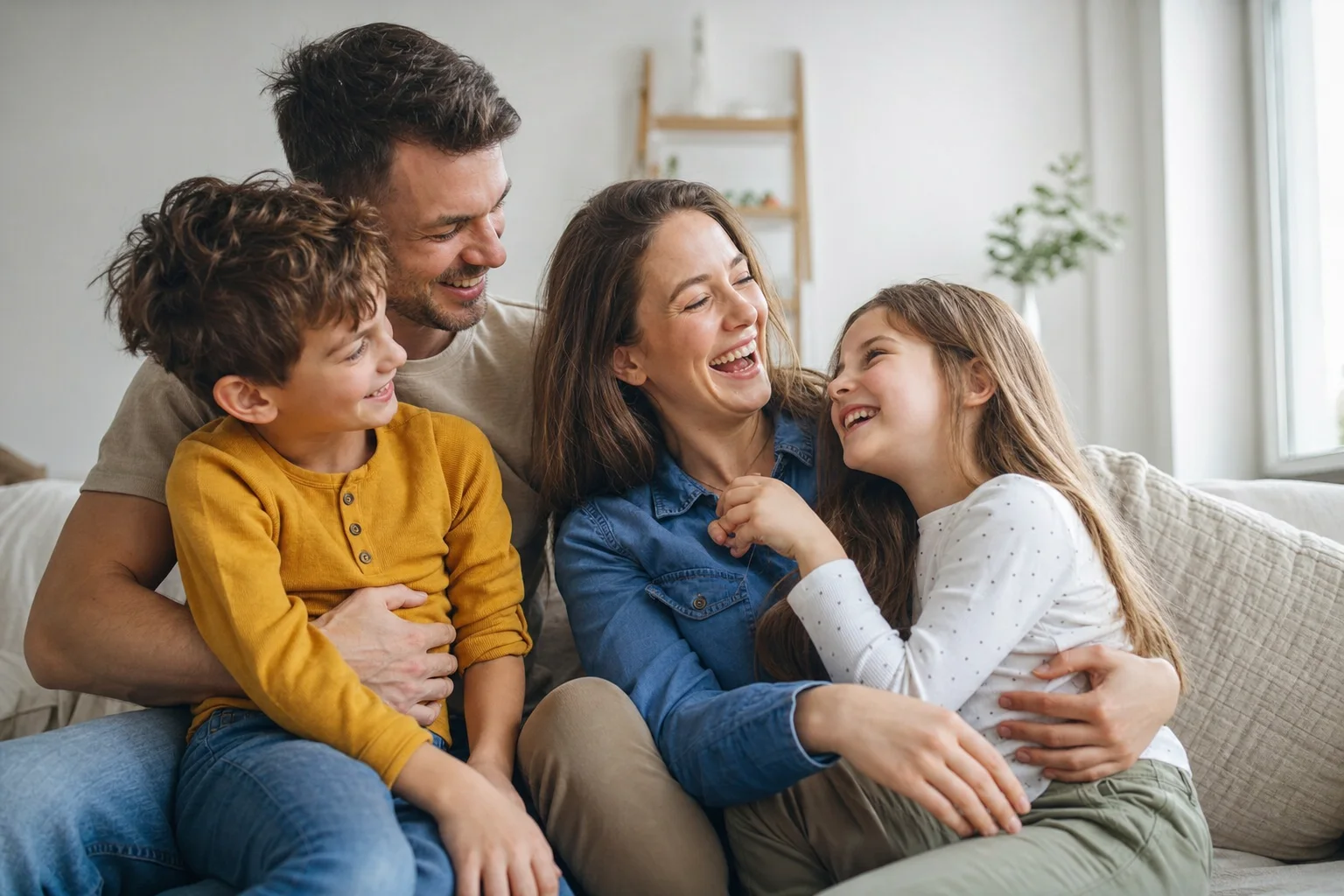 Familie mit zwei Kindern verbringt glücklich Zeit