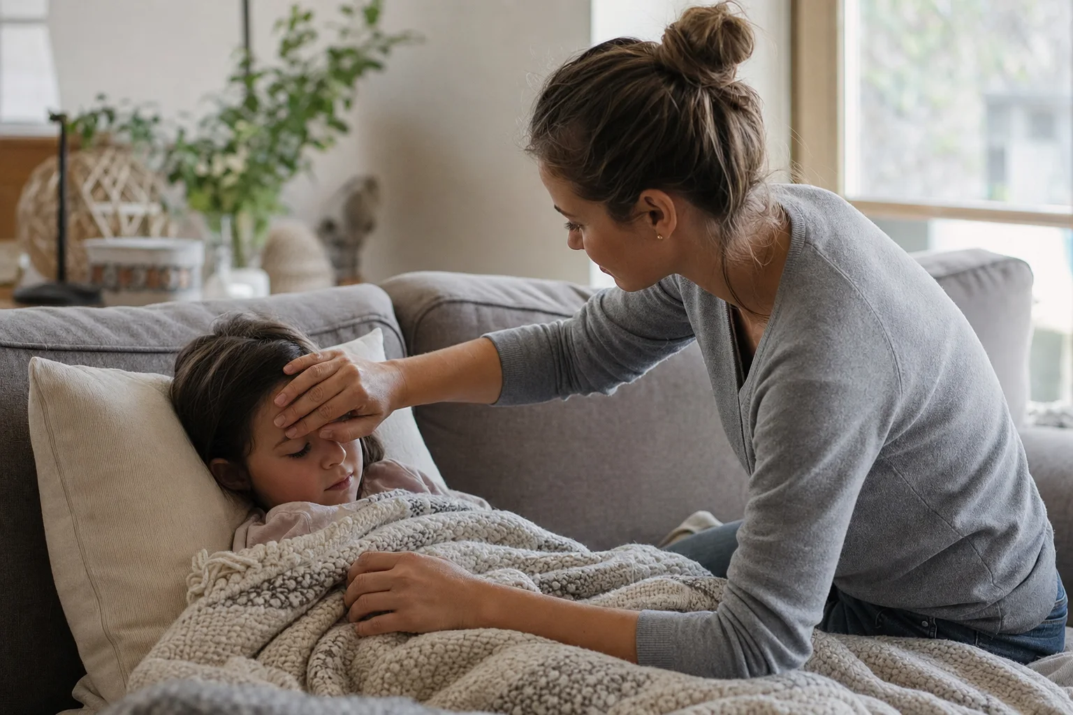 Eltern pflegen ein Kind mit einem Adenovirus-Infekt