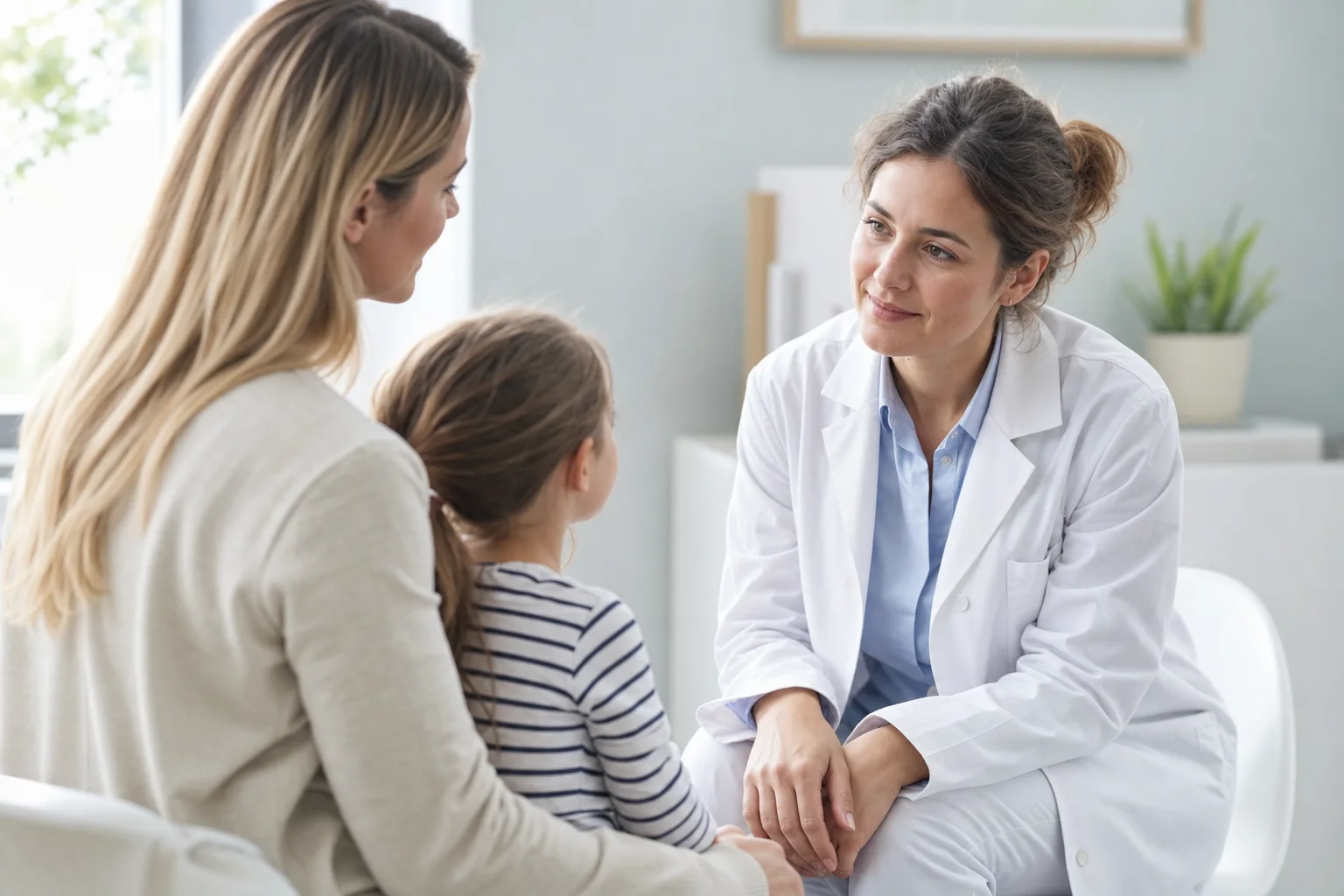 Kinderärztin spricht zugewandt mit Elternteil und Kind