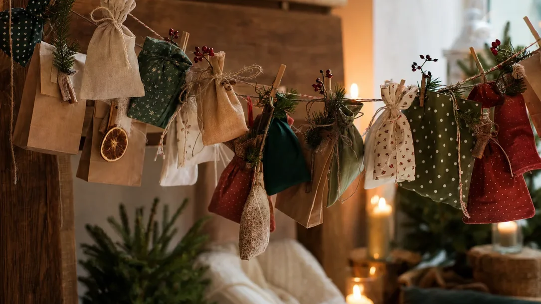 Selbst gemachter Adventskalender aus Säckchen und Tüten