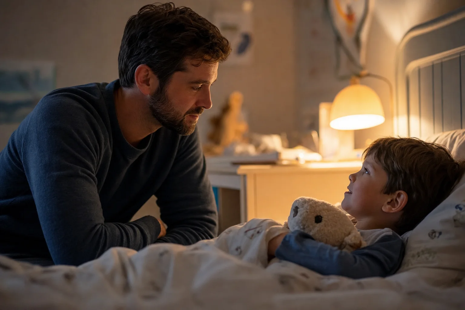 Vater beruhigt sein Kind abends am Bett