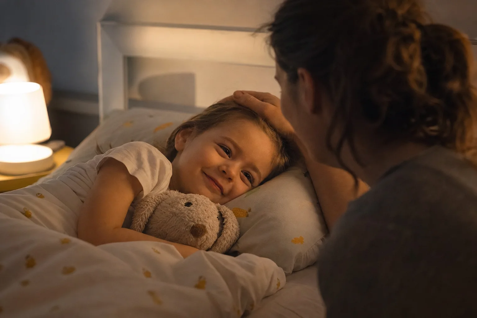 Beruhigtes Kind kuschelt sich wieder sicher ins Bett