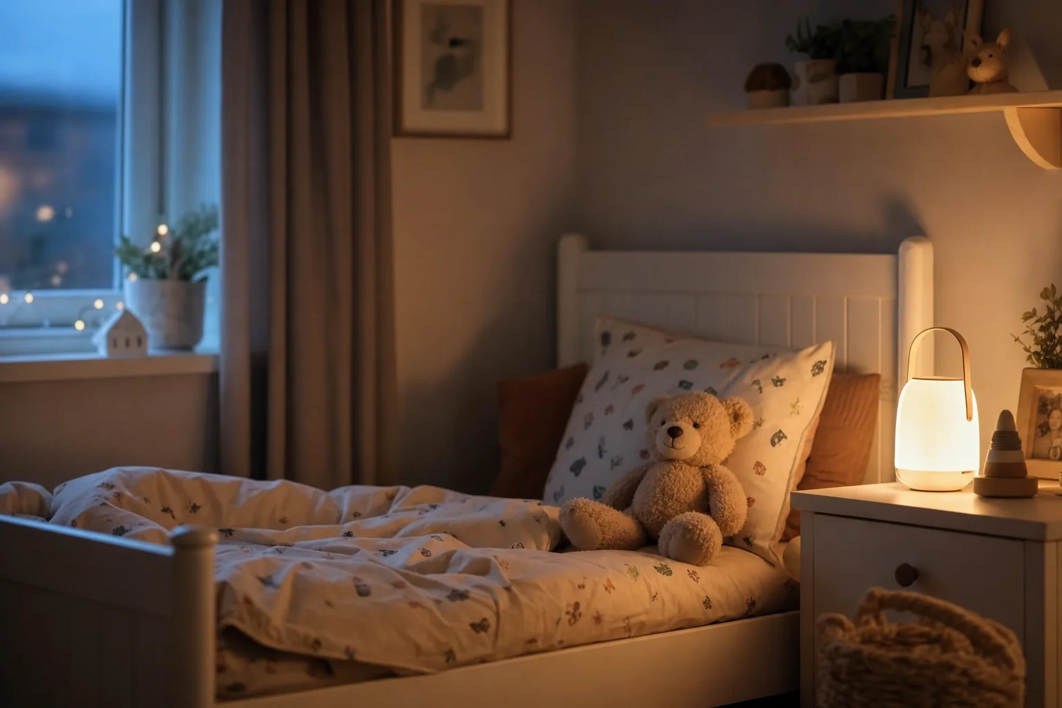 Gemütliches Kinderzimmer mit Nachtlicht und Kuscheltier