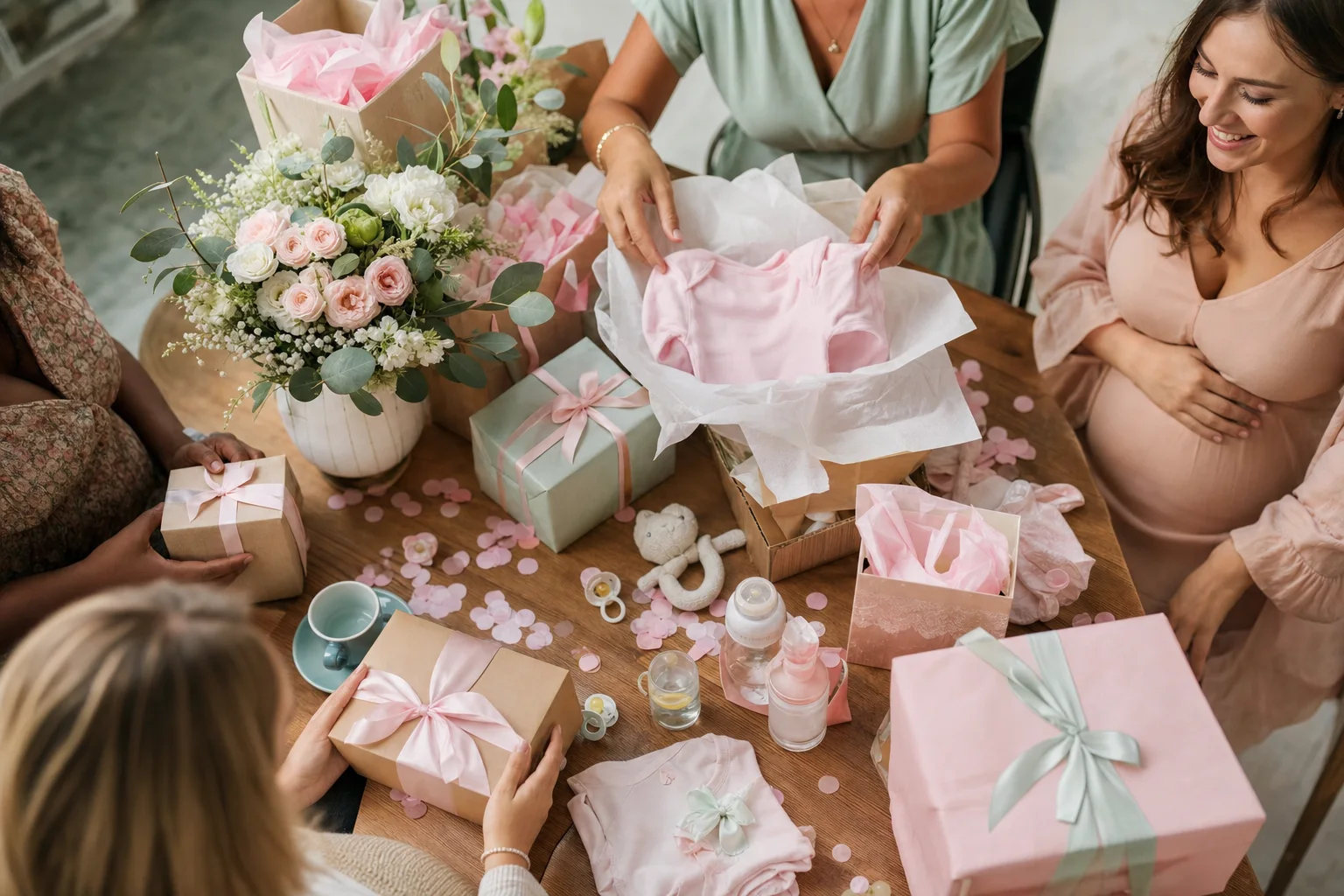 Verpackte Babygeschenke auf einem Babyparty-Tisch