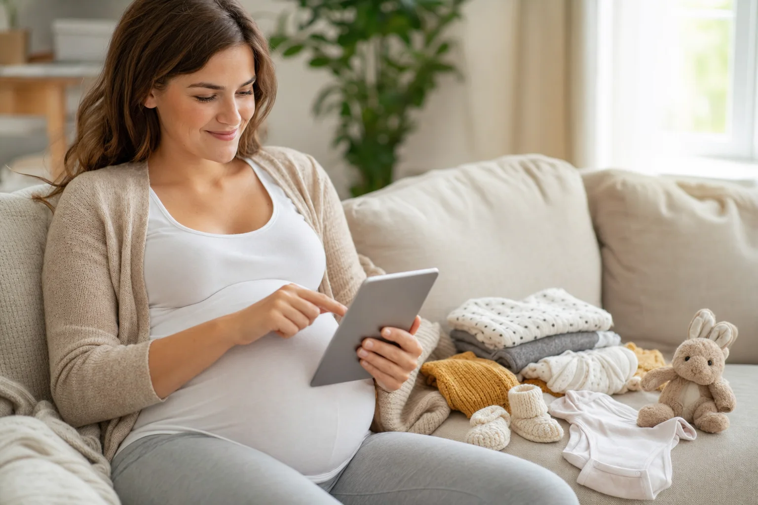 Werdende Mutter stellt am Tablet eine Baby-Wunschliste zusammen