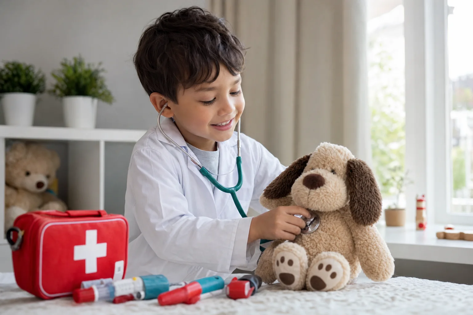 Kind spielt vergnügt mit einem Spielzeug-Arztkoffer