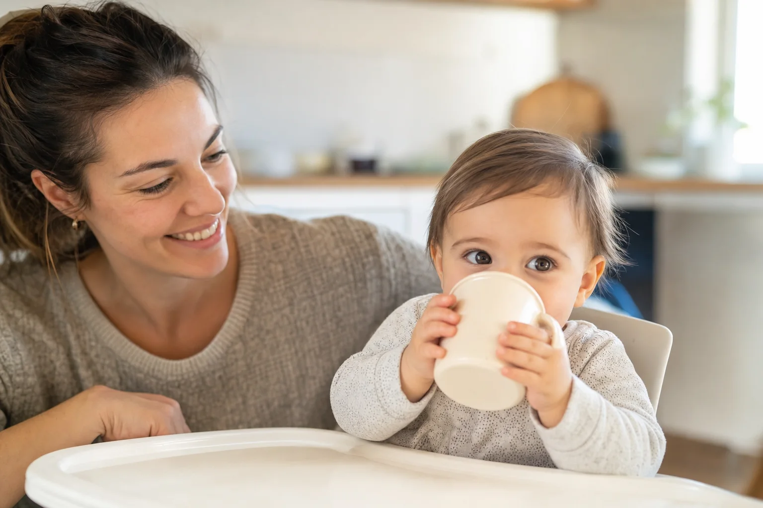 Baby trinkt zufrieden aus einem Becher