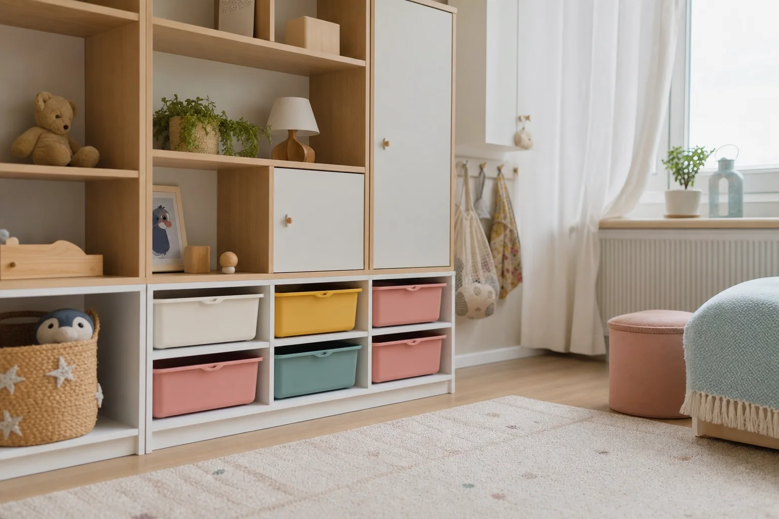 Ordentliches Kinderzimmer mit übersichtlichen Kisten