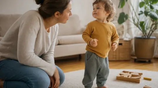 Mutter begegnet ihrem eigenständigen Kleinkind ruhig auf Augenhöhe