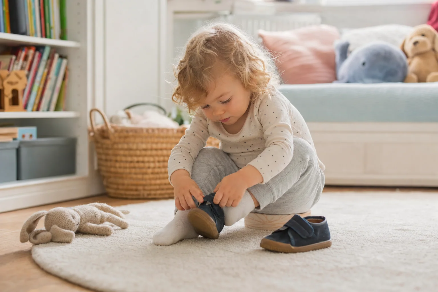 Kleinkind zieht sich konzentriert selbst die Schuhe an