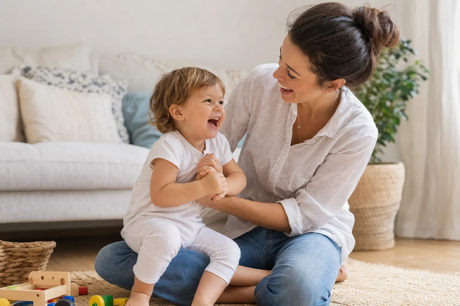 Mutter und Kleinkind lachen verbunden zusammen