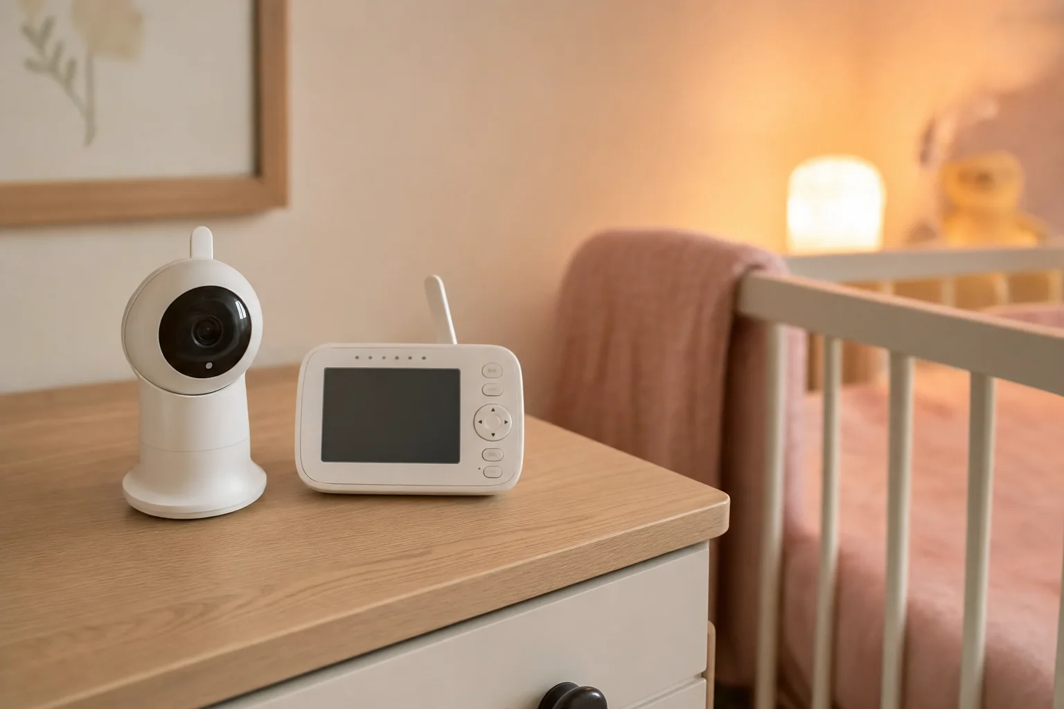 Babyphone mit Kamera neben einem Babybett