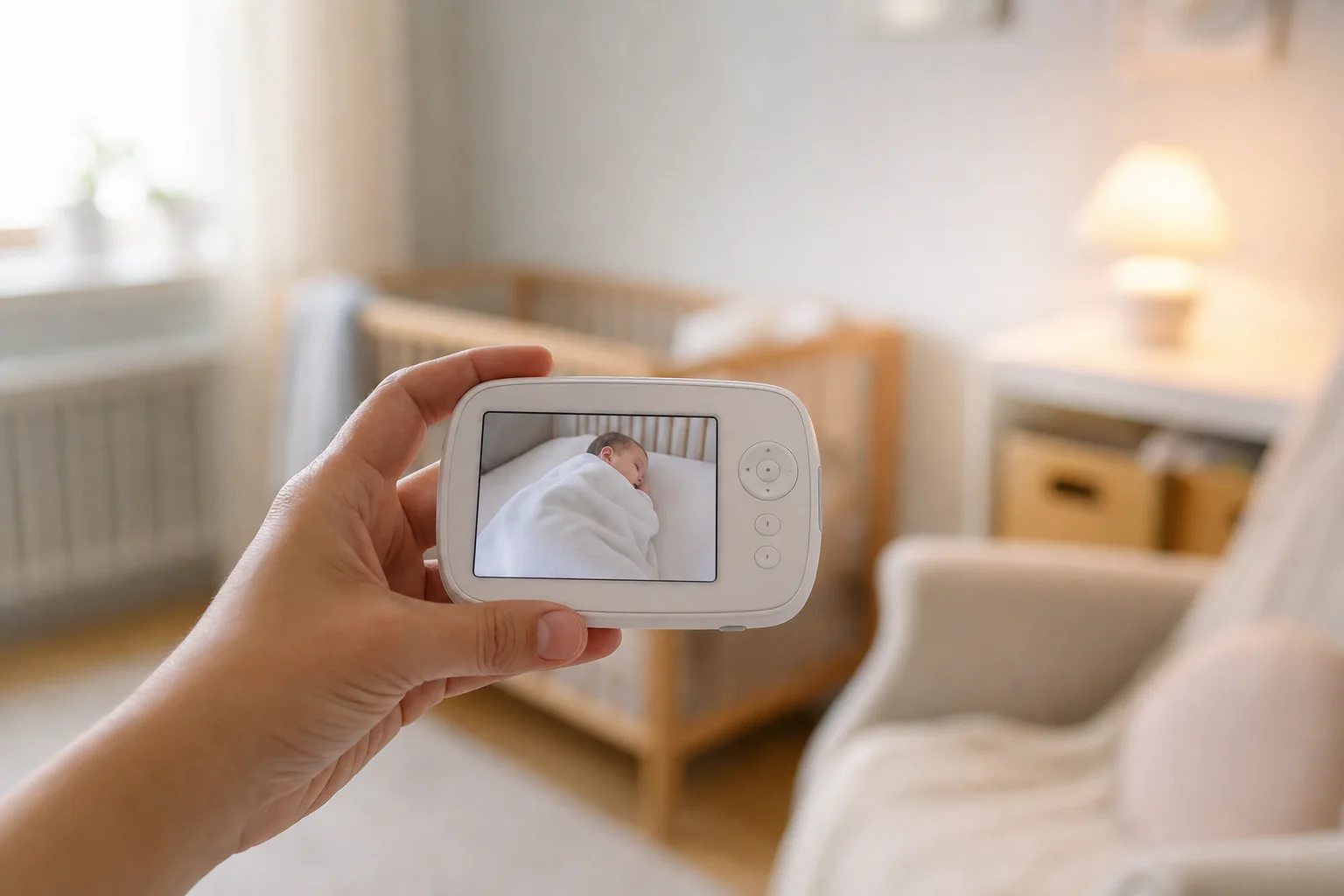 Hand hält einen Babyphone-Monitor