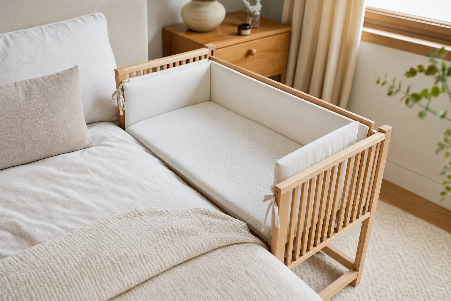 Beistellbett aus Holz am Elternbett
