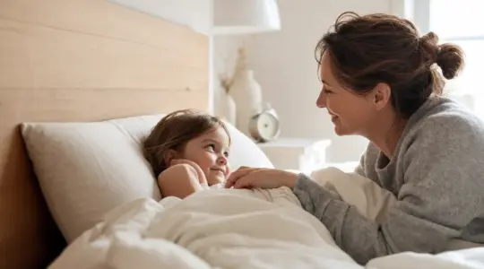 Kind liegt geborgen im Bett, Elternteil lächelt ermutigend