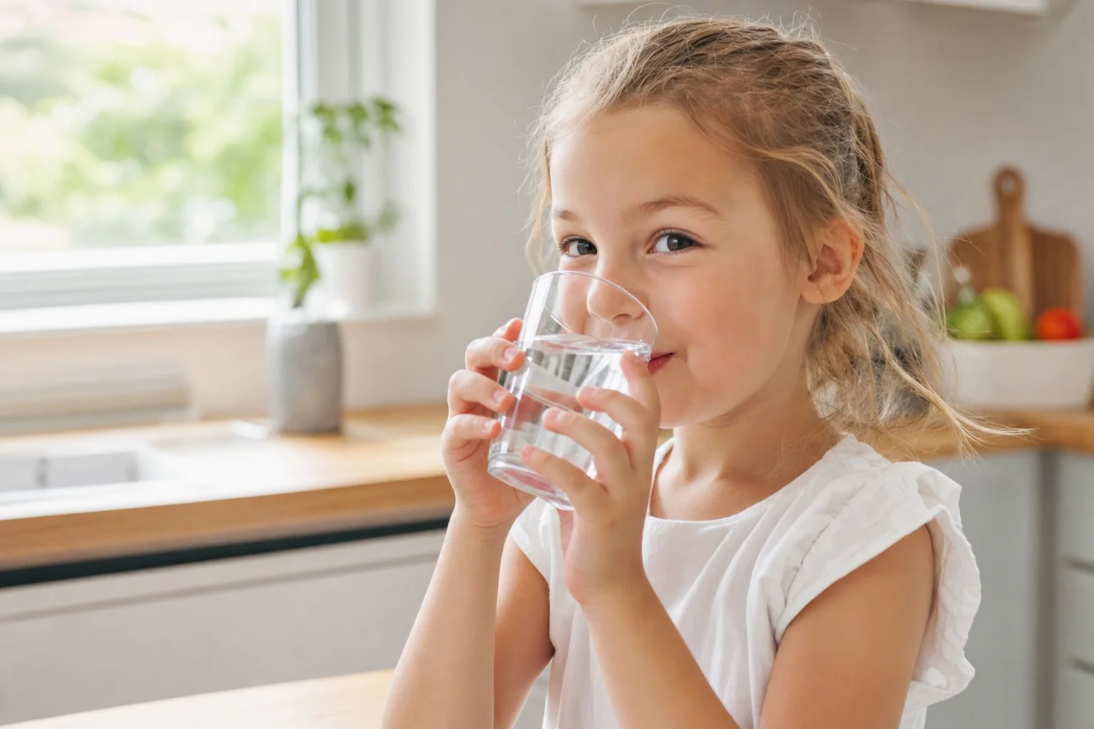 Kind trinkt tagsüber fröhlich ein Glas Wasser