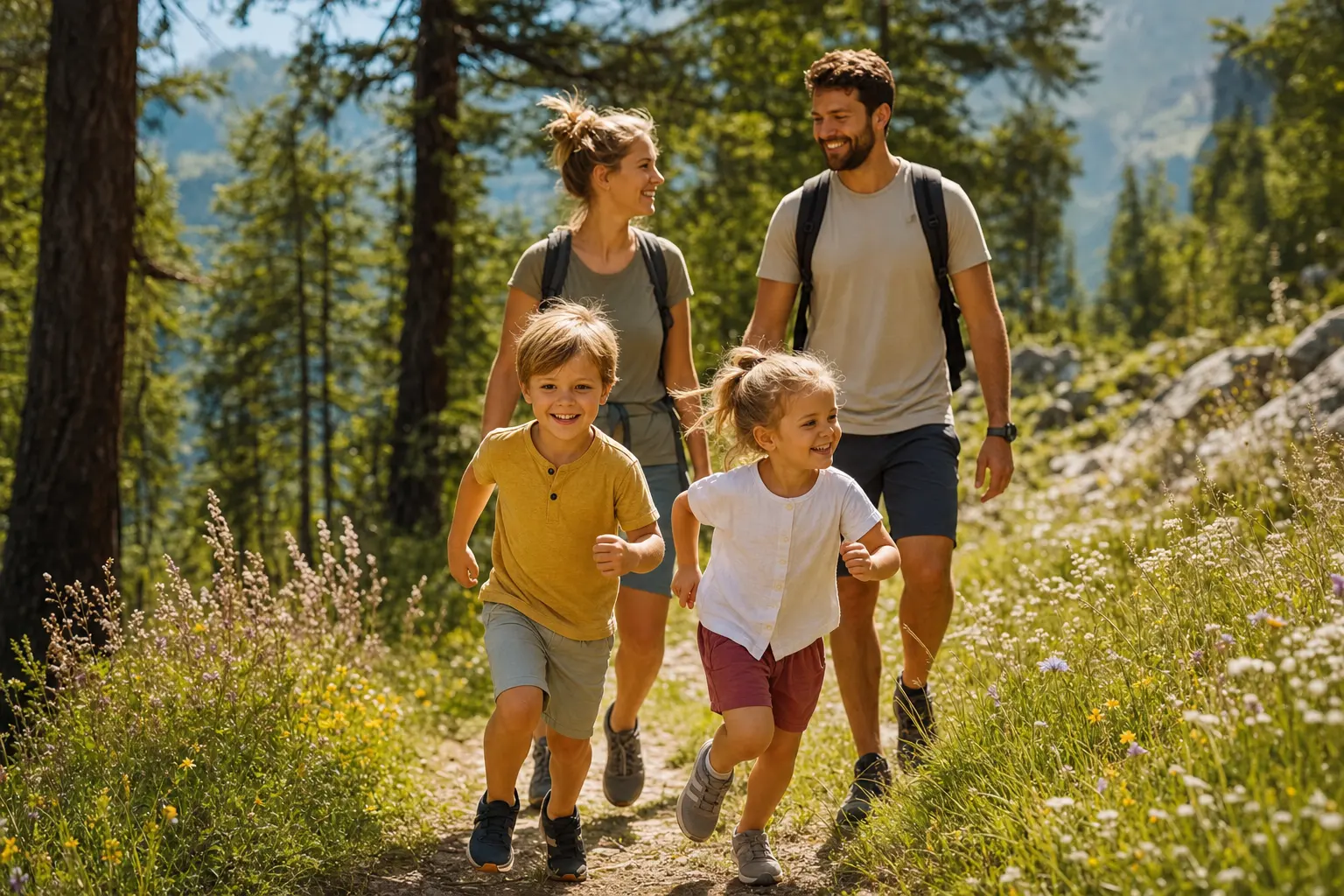 Familie ist gemeinsam aktiv draußen unterwegs