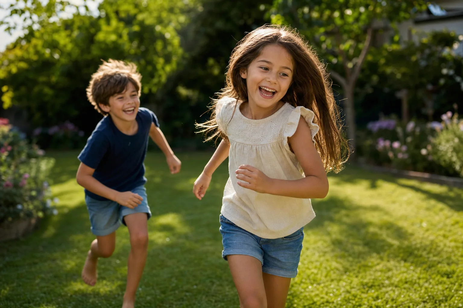 Kinder spielen fröhlich draußen im Garten
