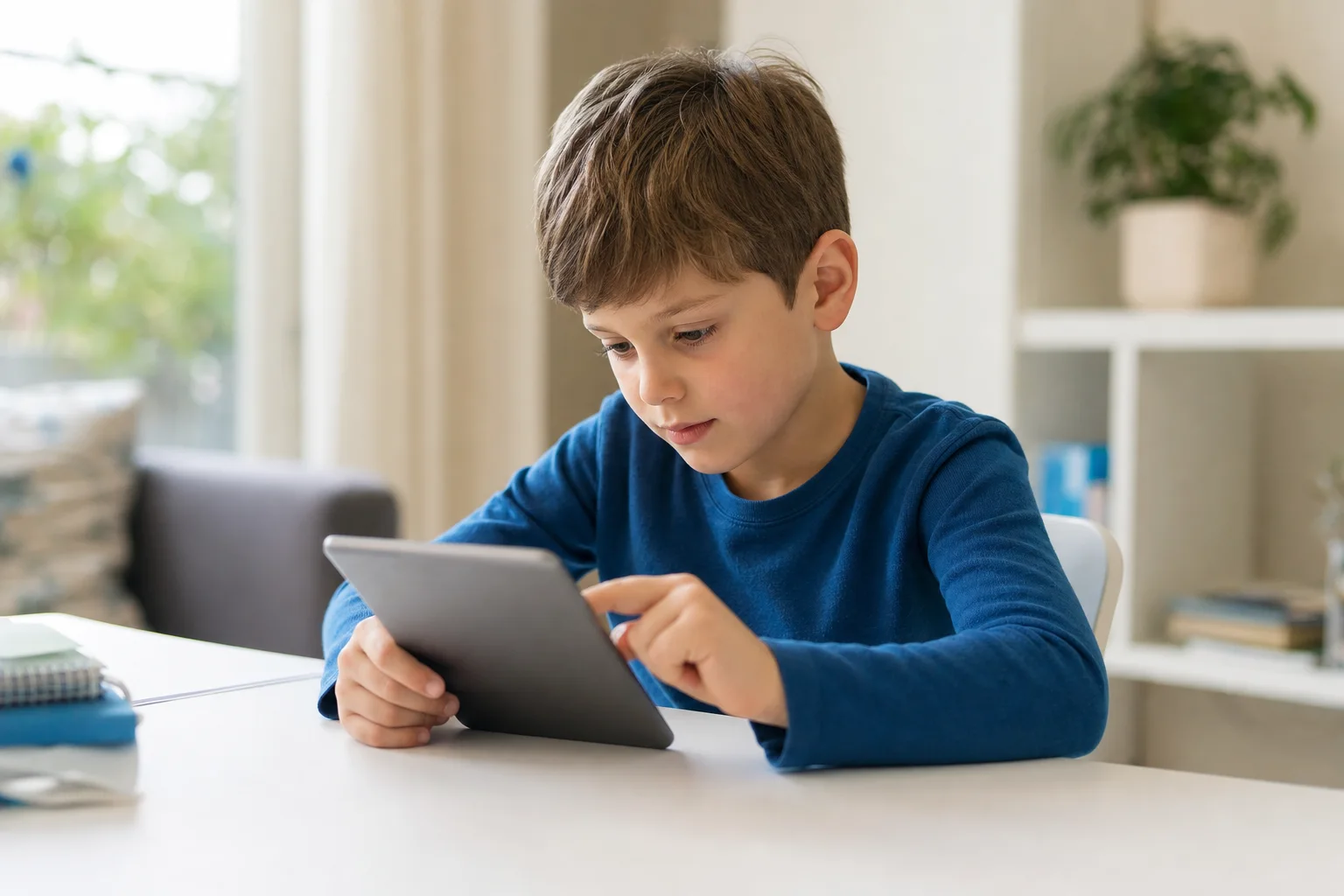 Kind beschäftigt sich konzentriert mit einem Tablet