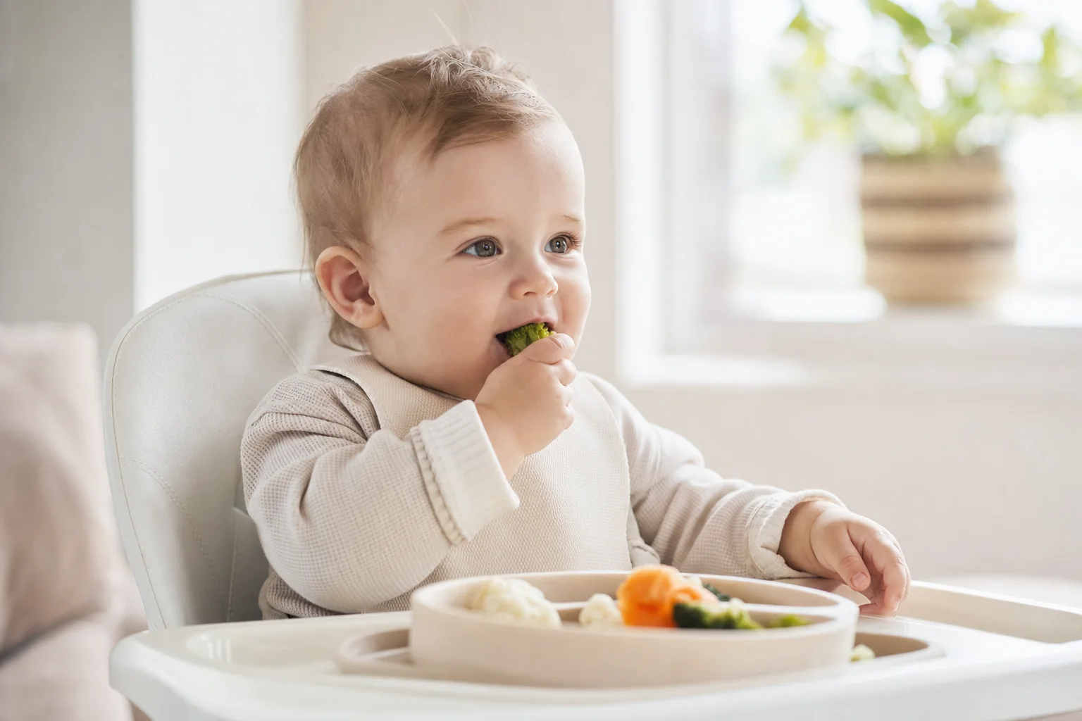 Baby probiert neugierig sein erstes Gemüse
