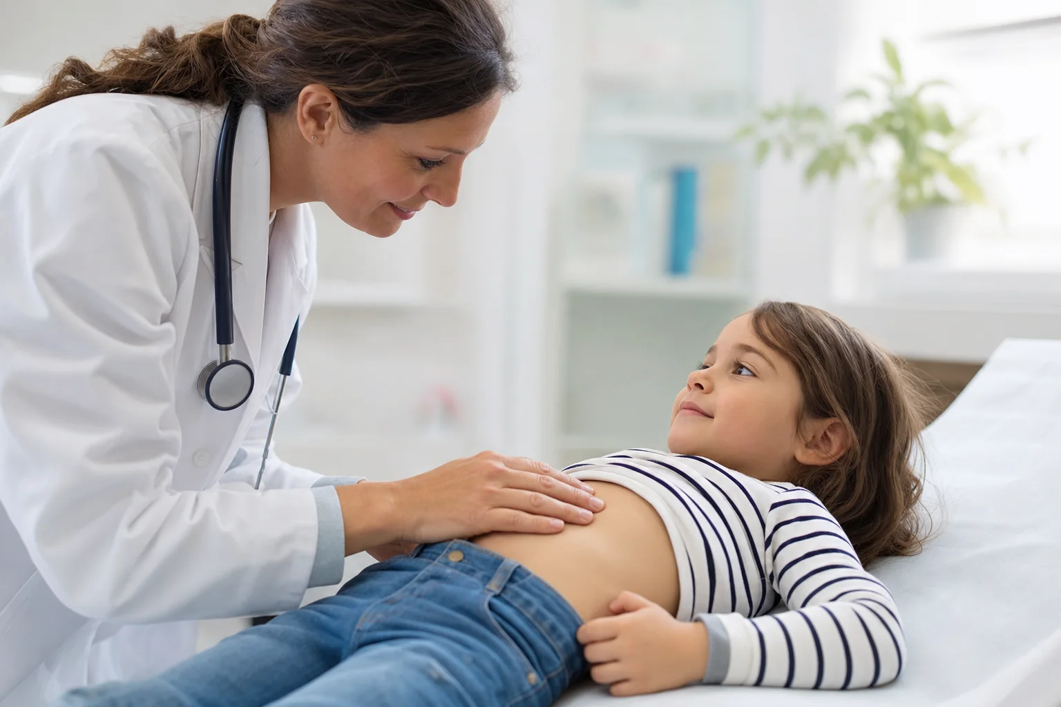Ärztin untersucht den Bauch eines Kindes