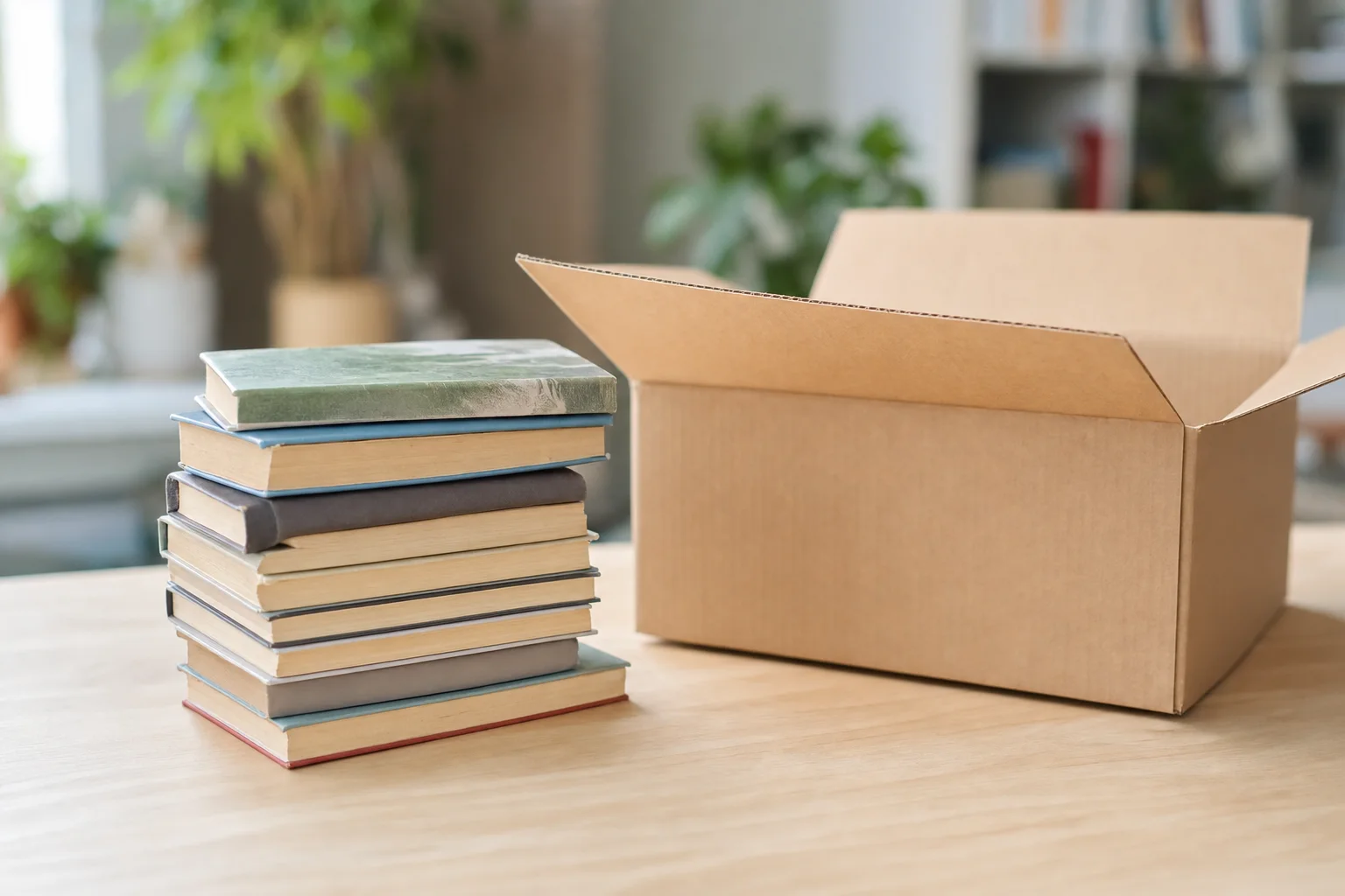 Stapel gebrauchter Bücher neben einem Versandkarton, bereit zum Einsenden