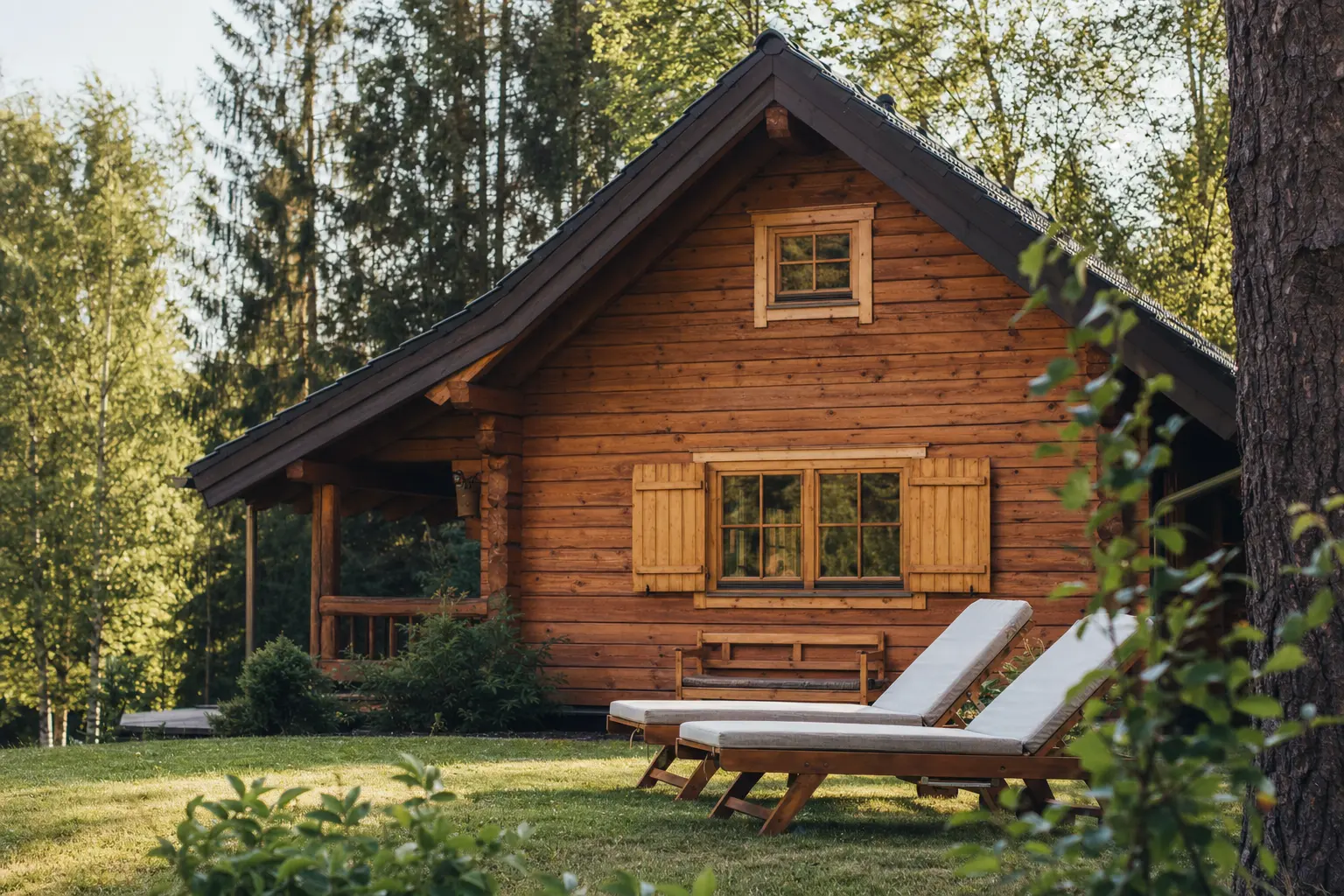 Ferienhaus am Waldrand mit Liegestühlen