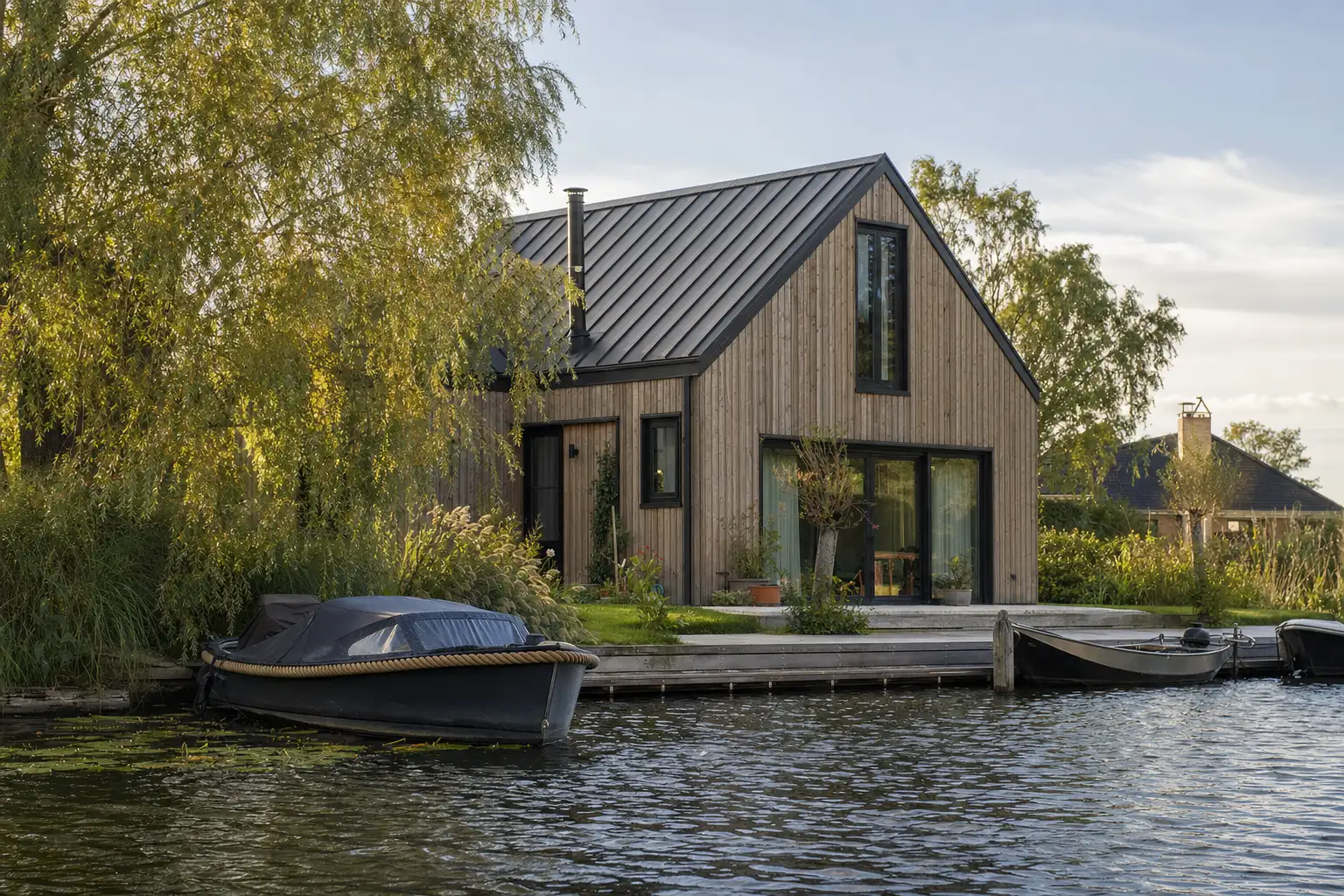 Ferienhaus am Wasser mit Steg und Booten