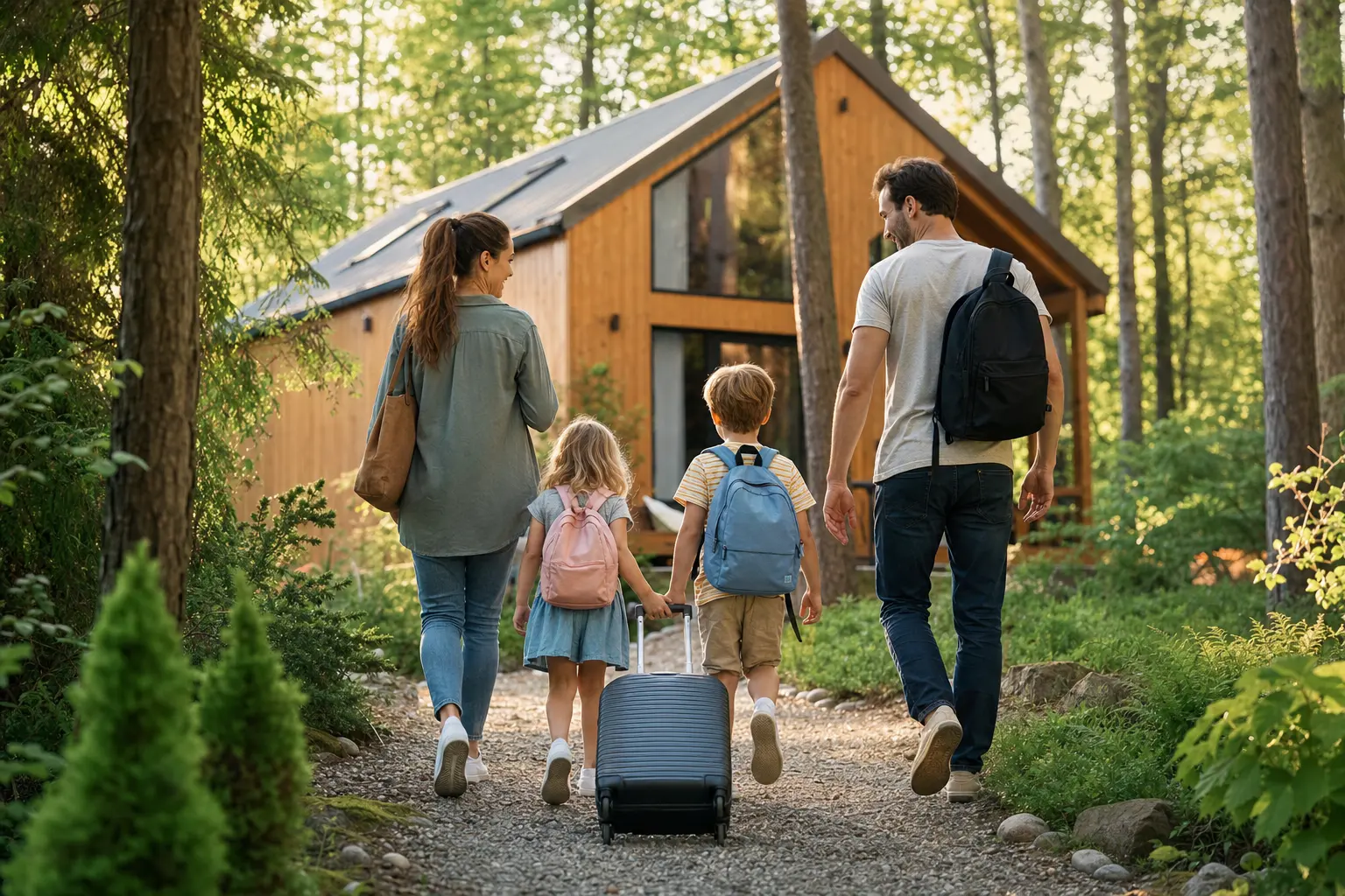 Familie vor einem Ferienhaus im Wald
