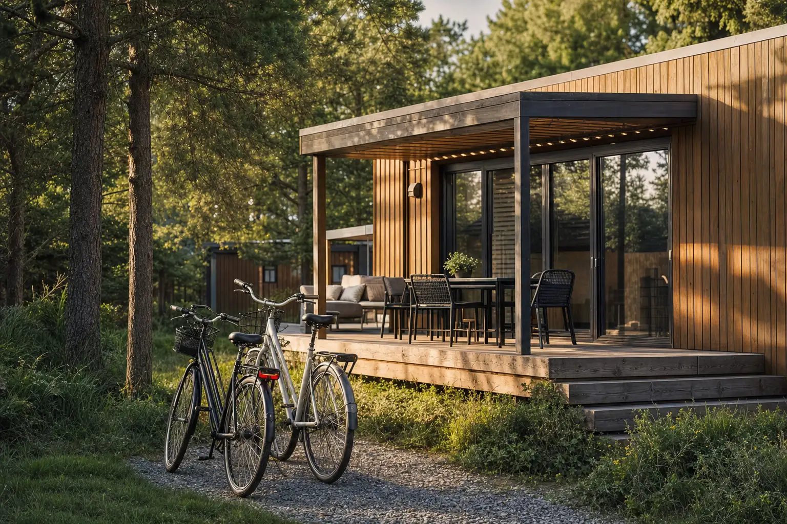 Modernes Ferienhaus im Wald mit Fahrrädern