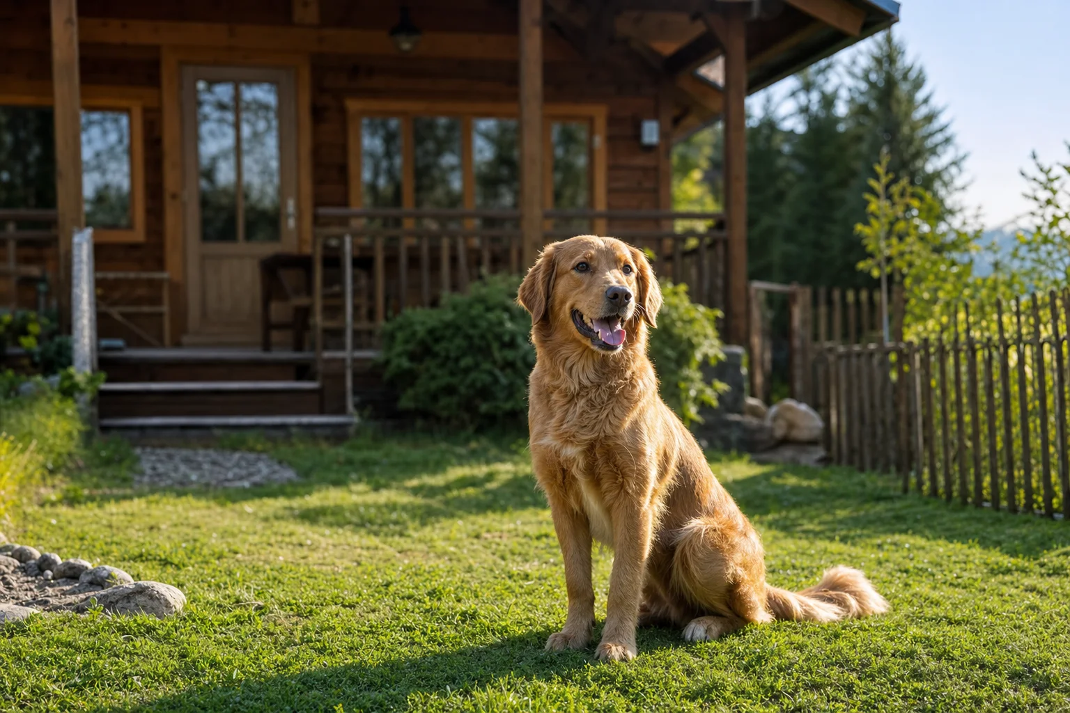 Hund im Garten vor einem Ferienhaus