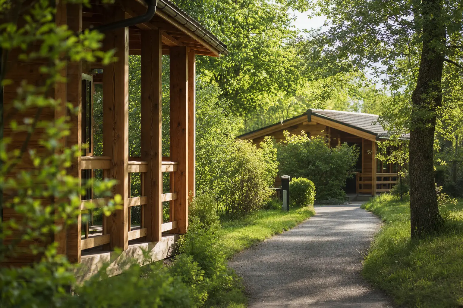 Weg zwischen Ferienhäusern im Park