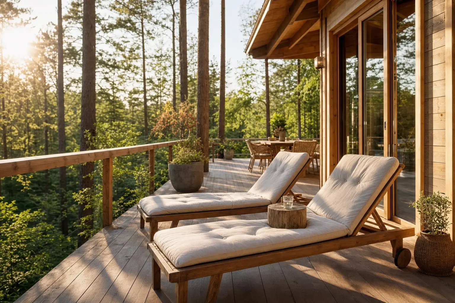 Sonnige Ferienhaus-Terrasse im Wald