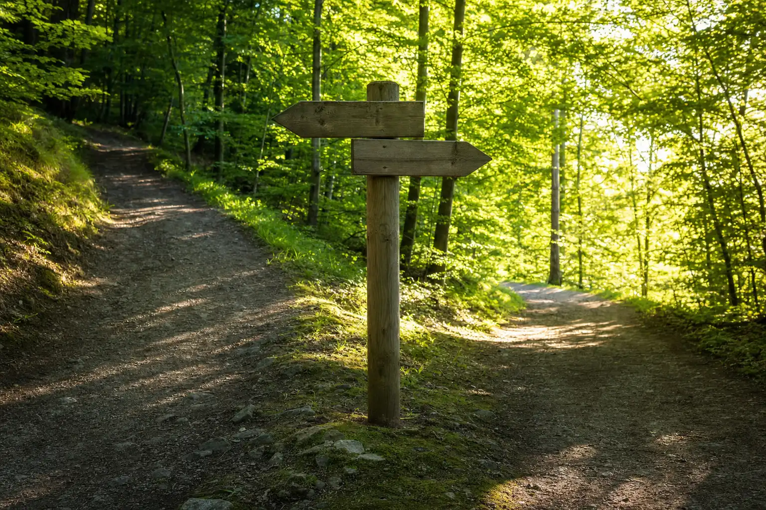 Wegweiser an einer Weggabelung im Wald