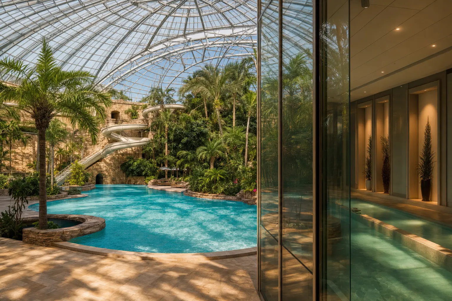 Großes Spaßbad und kleineres Hallenbad im Vergleich