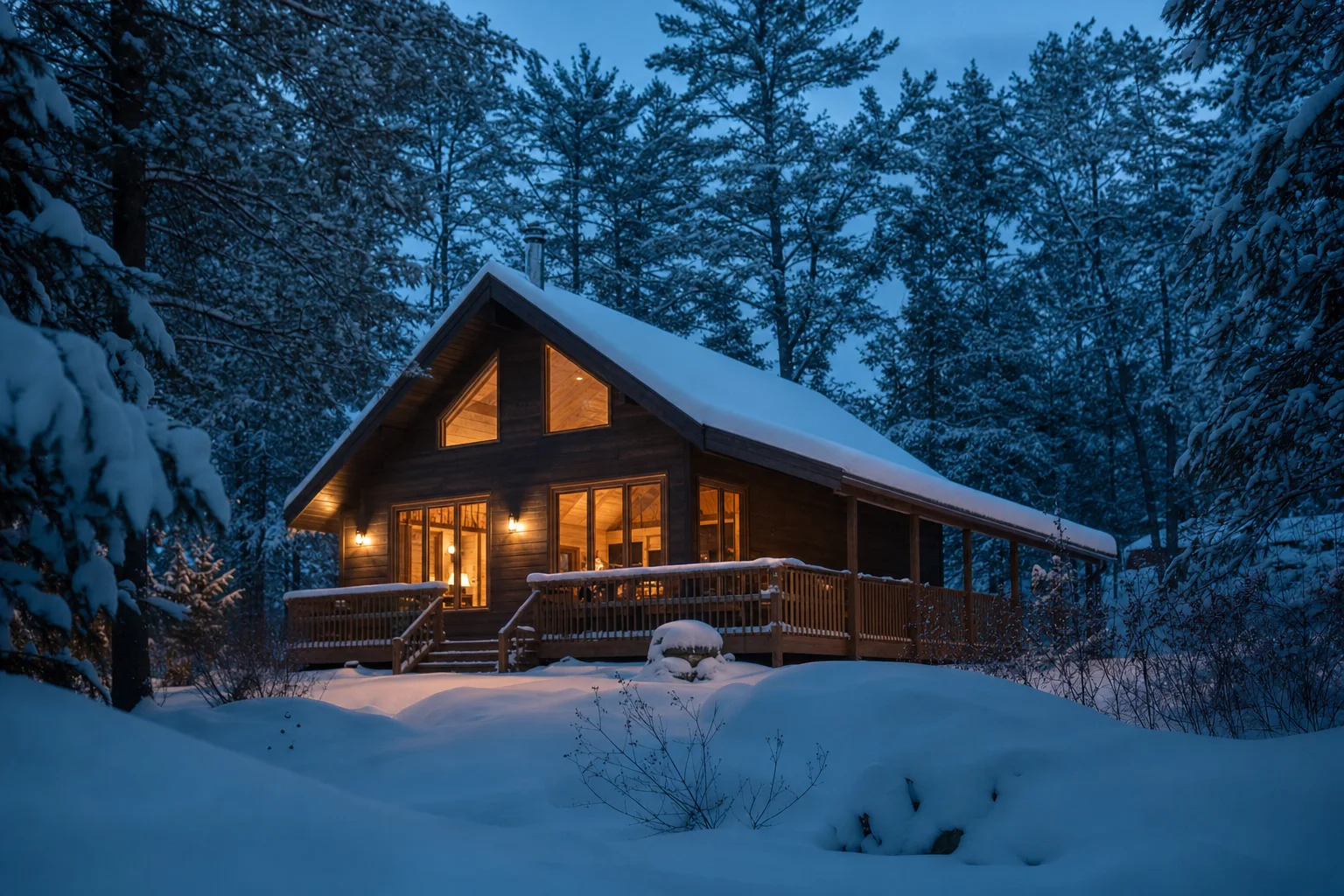 Verschneites Ferienhaus im Winterwald