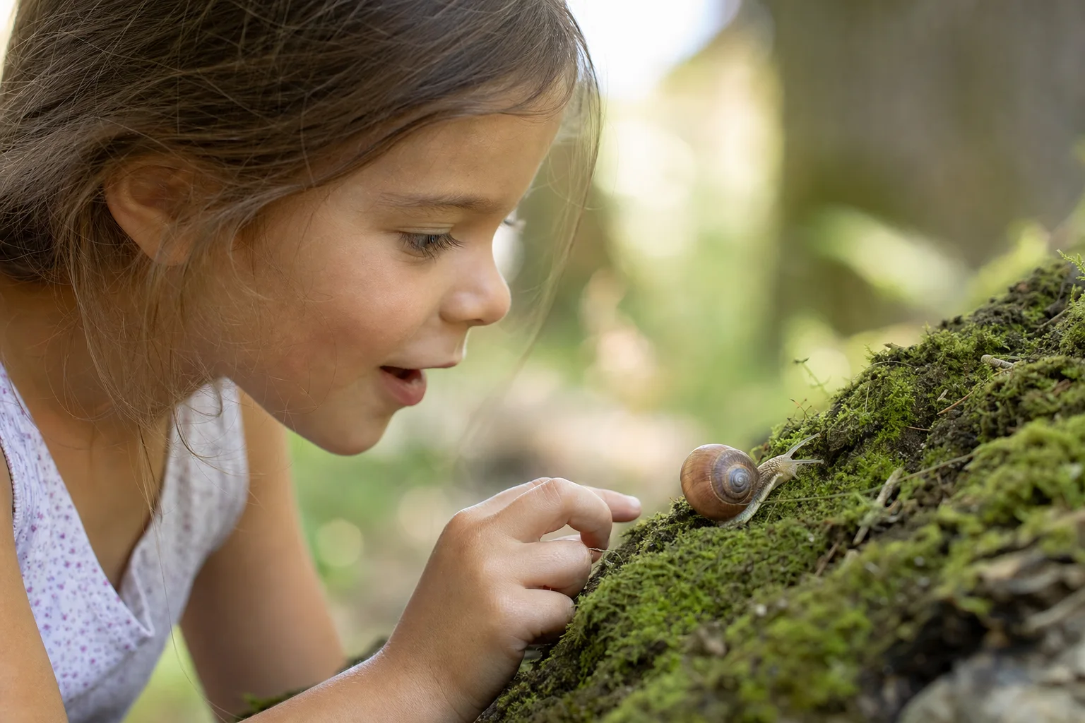 Kind staunt freudig über eine Kleinigkeit in der Natur