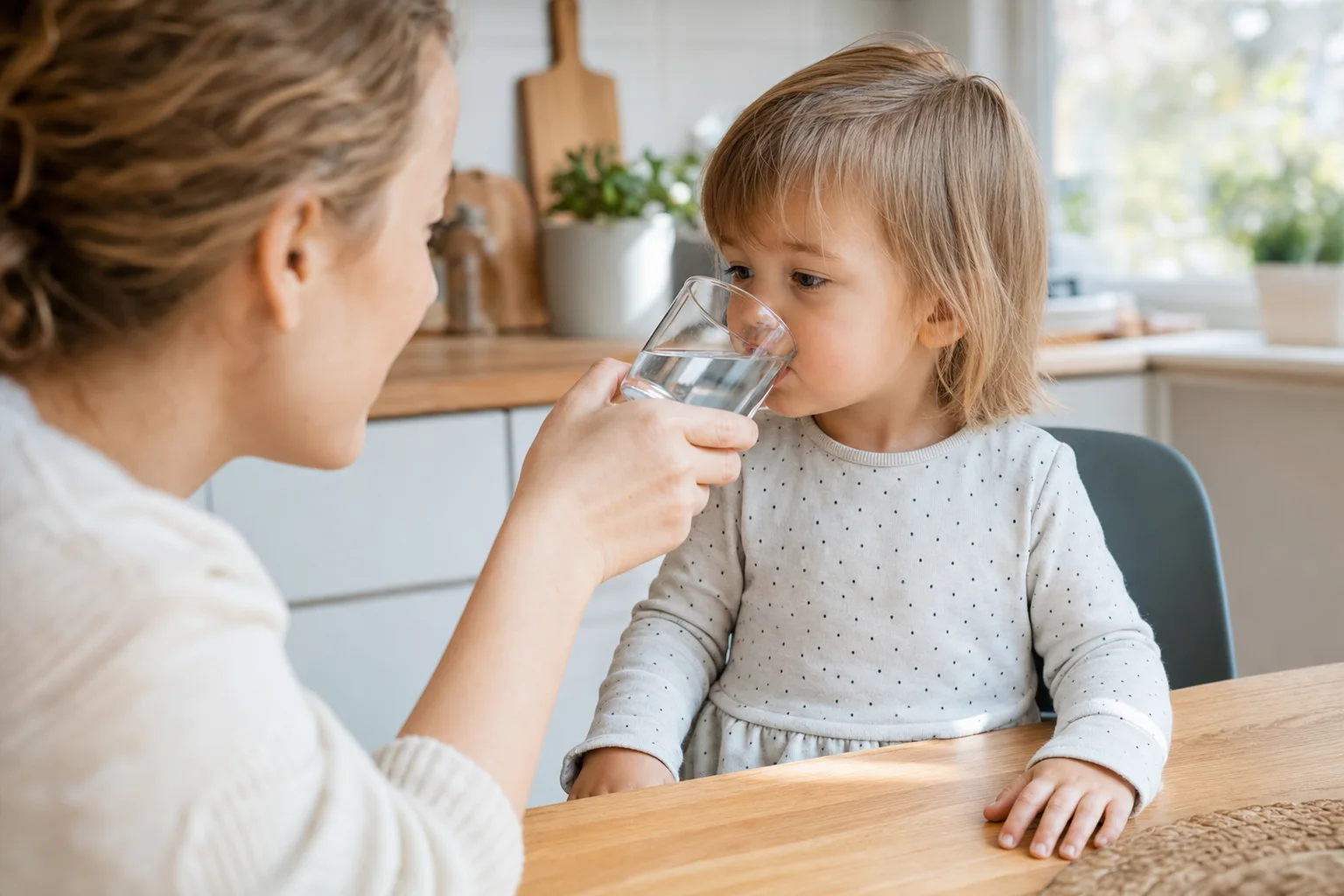 Kind trinkt in kleinen Schlucken zur Flüssigkeitszufuhr
