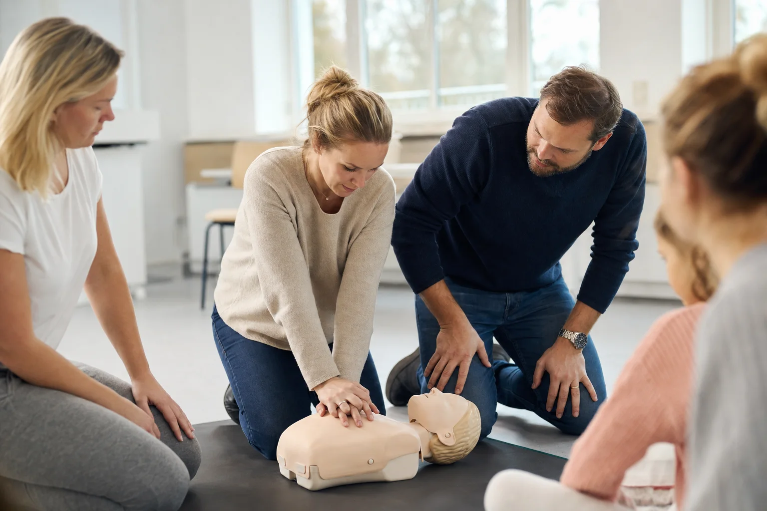 Eltern üben aufmerksam in einem Erste-Hilfe-Kurs