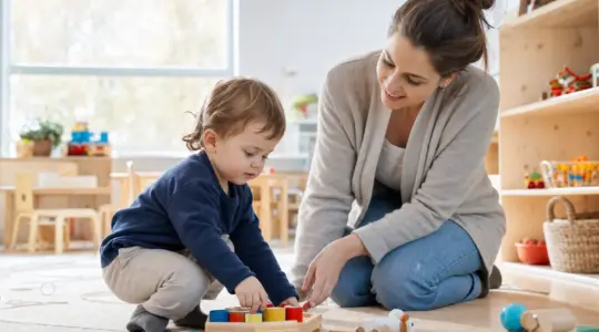 Mutter begleitet ihr Kind ruhig im Kindergartenraum