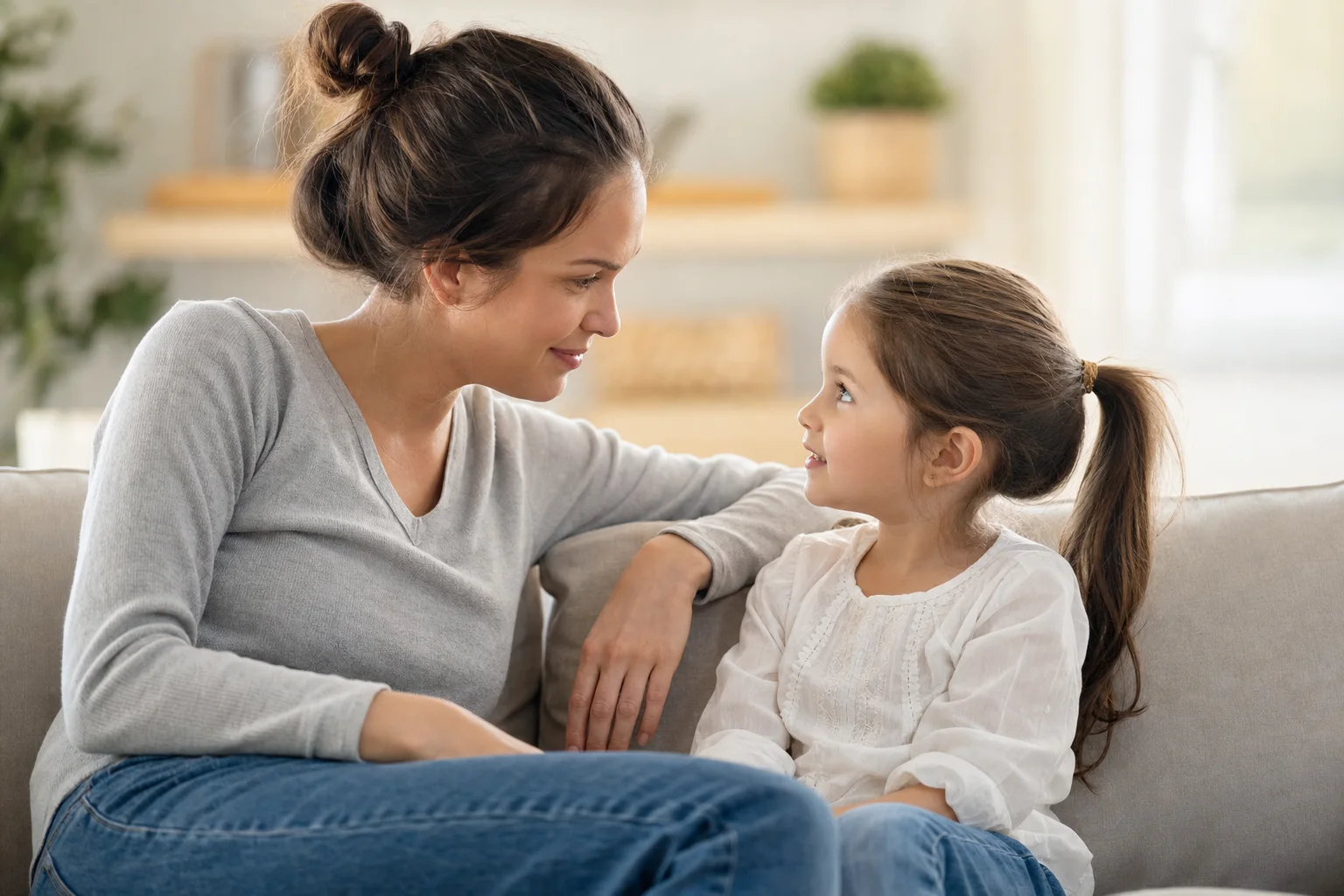 Elternteil und Vorschulkind sprechen ermutigend