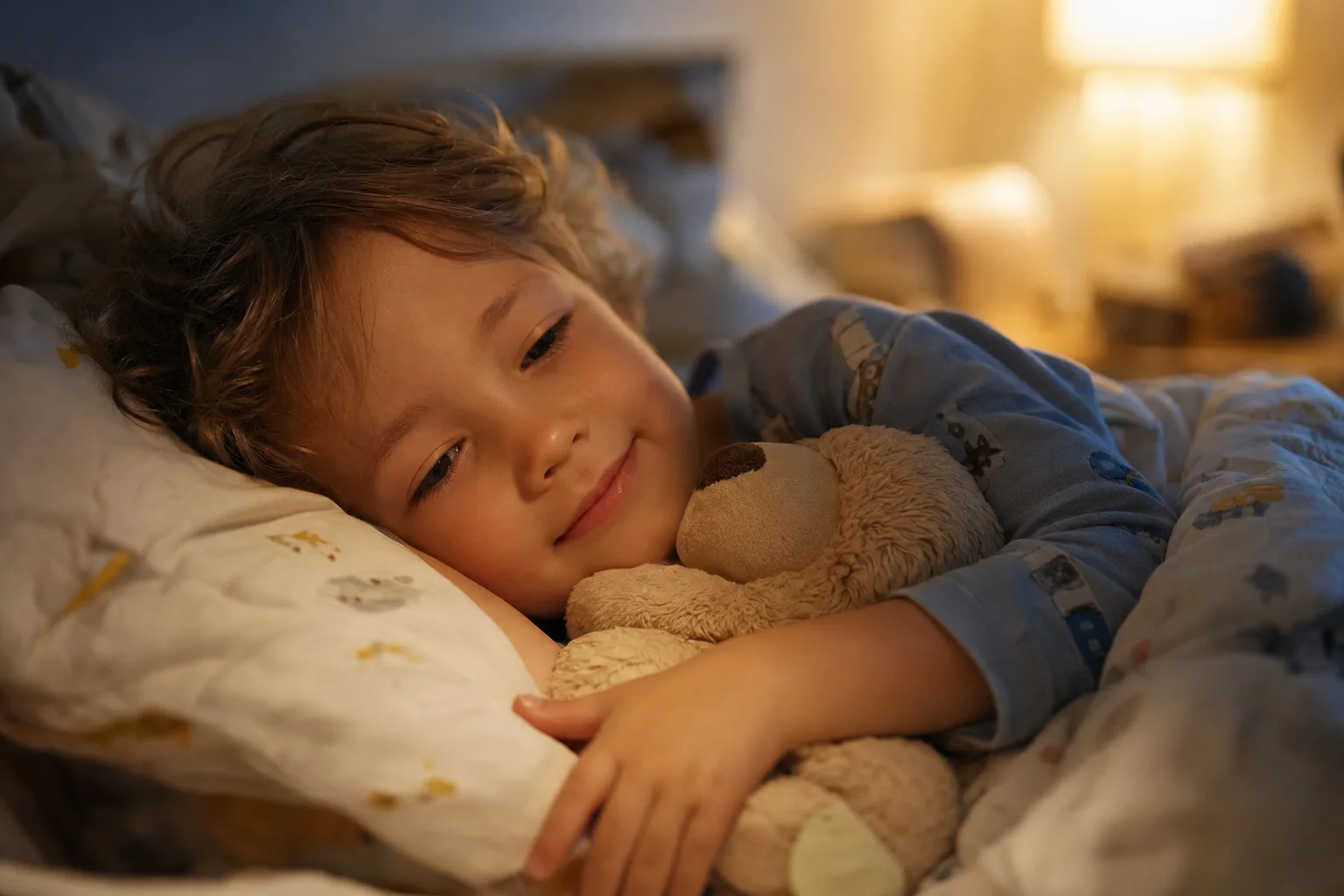 Kind liegt entspannt und friedlich im Bett