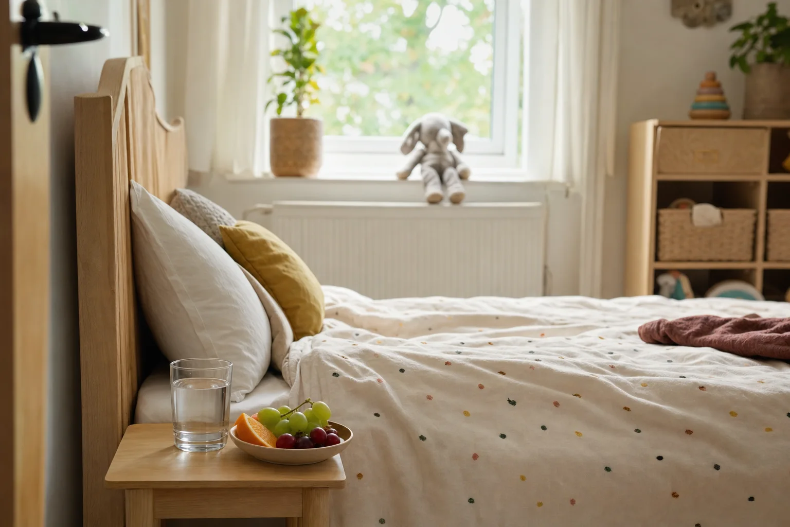Gut gelüftetes Kinderzimmer mit Obst und Wasser