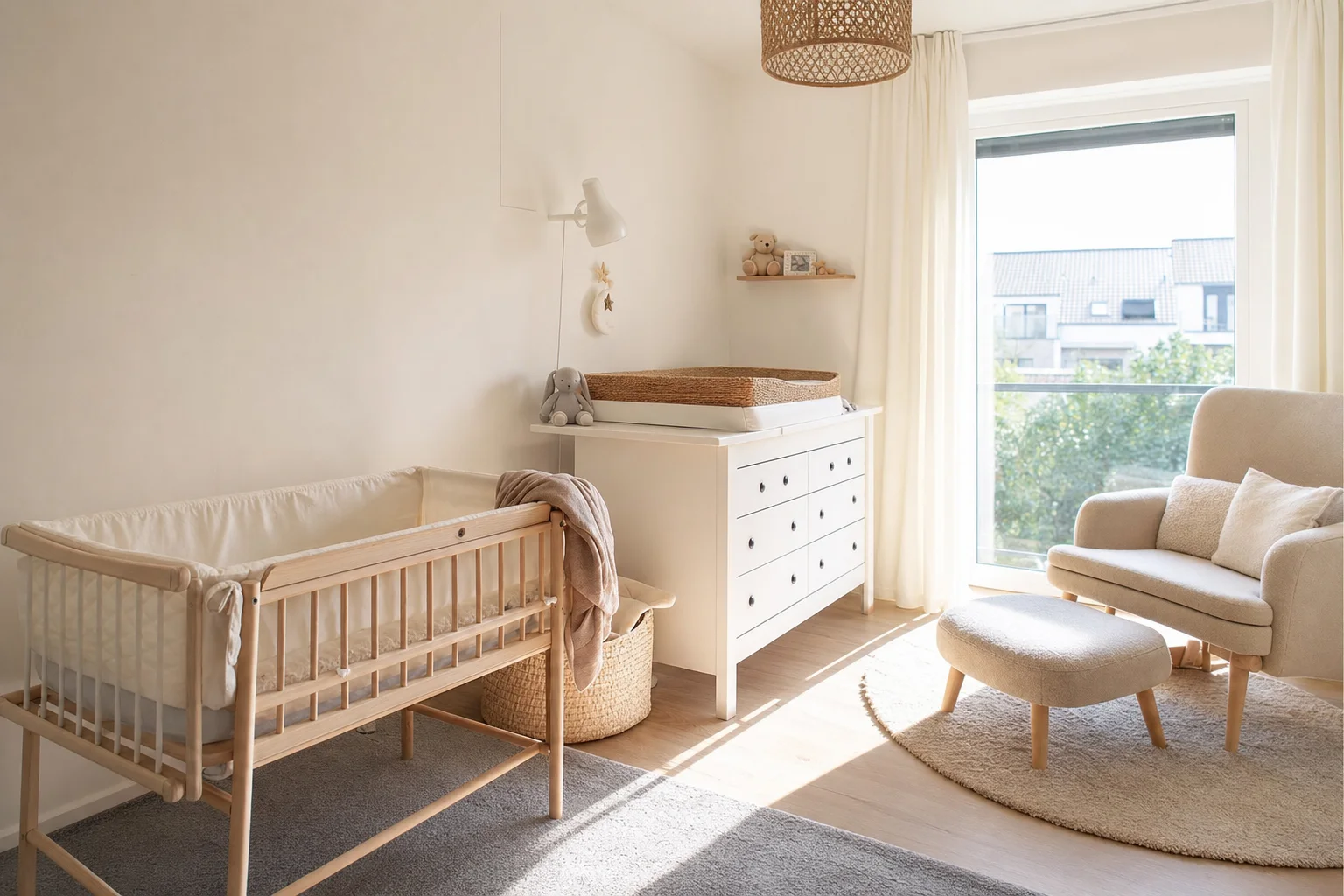 Hell eingerichtetes Babyzimmer mit Beistellbett und Wickelkommode
