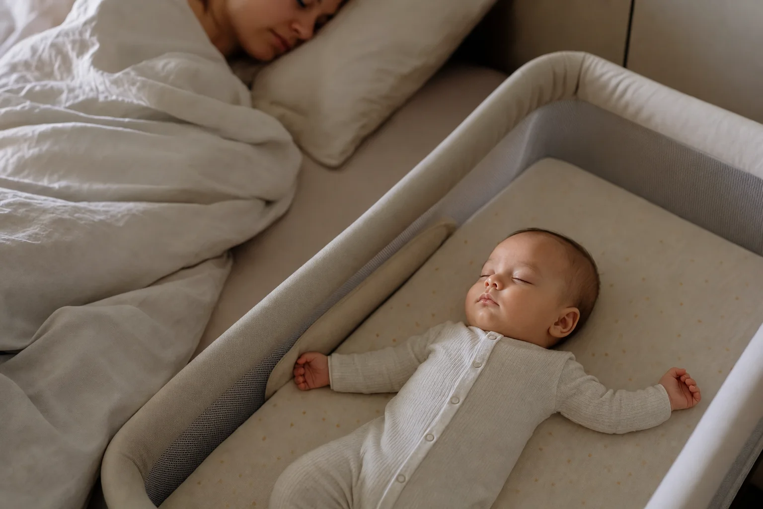 Baby schläft sicher im Beistellbett neben dem Elternbett
