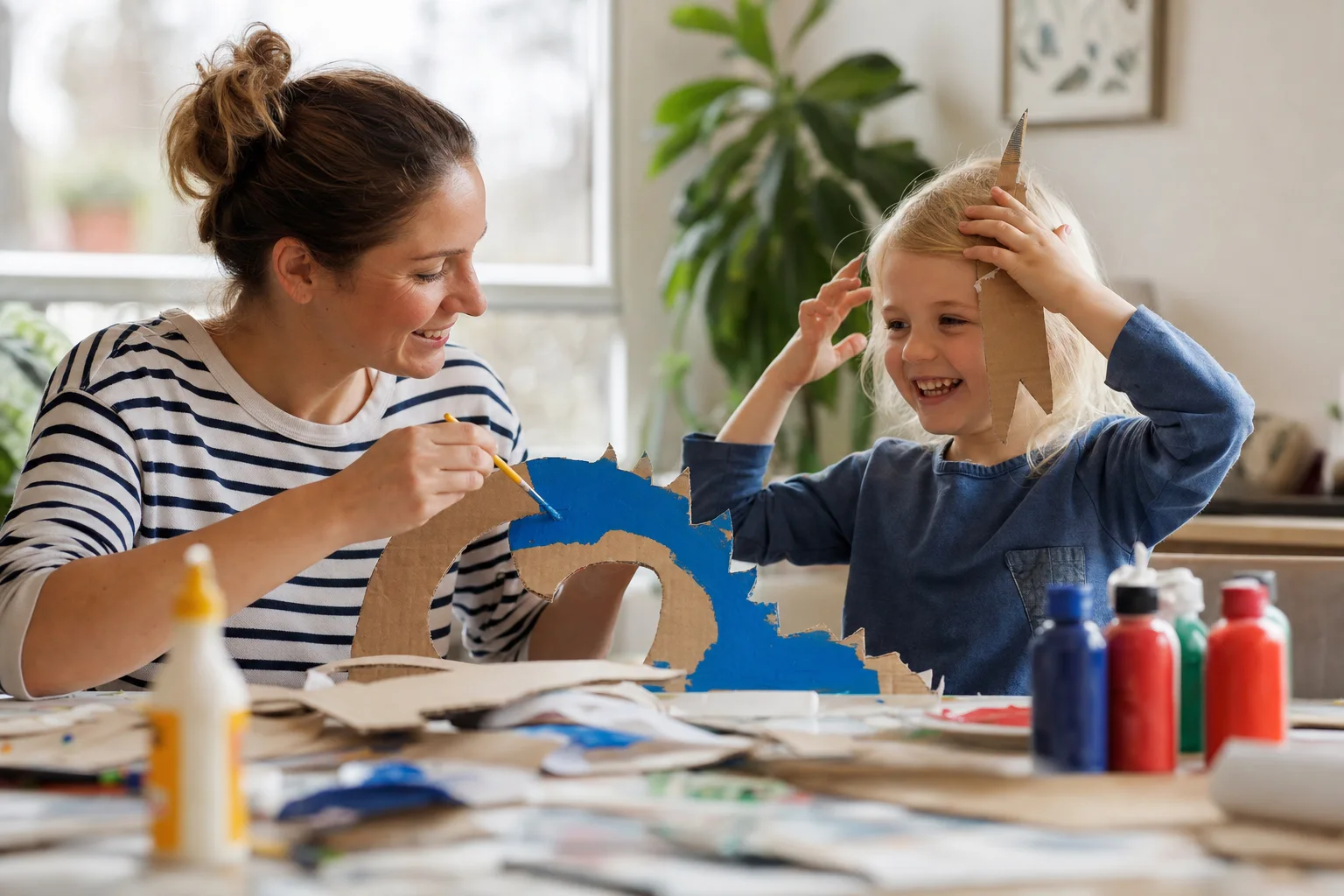 Kind und Elternteil basteln vergnügt ein Kostüm