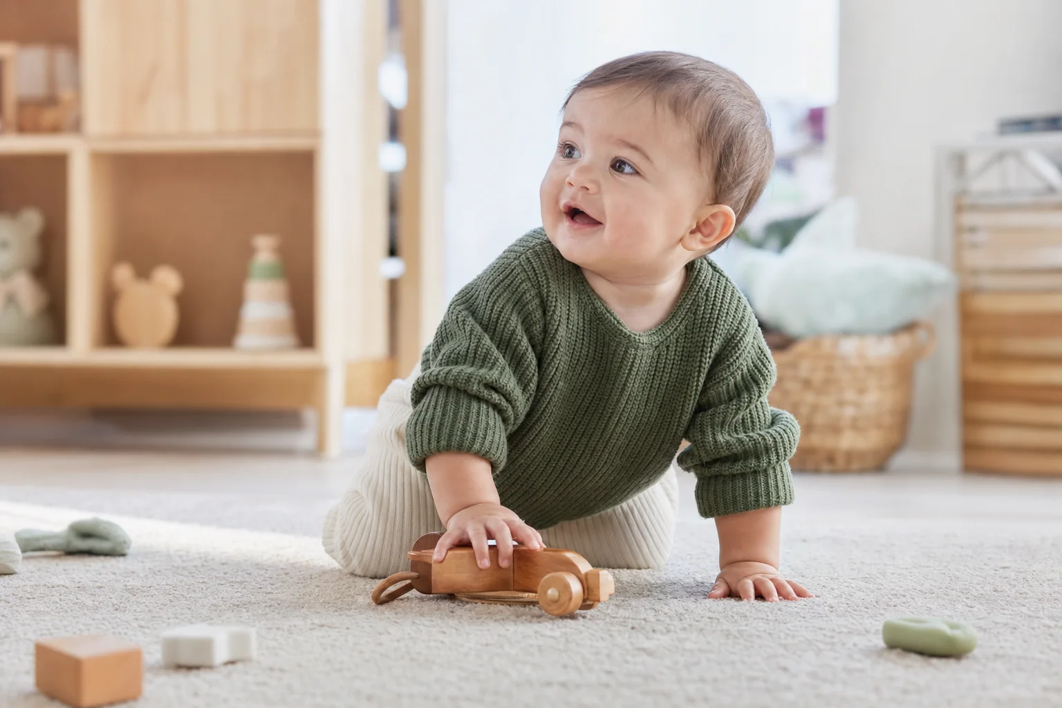 Ein älteres Baby spielt vergnügt und entwickelt sich gut