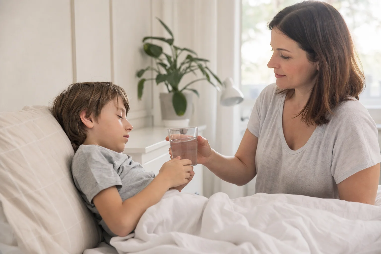 Elternteil reicht dem ruhenden Kind etwas zu trinken