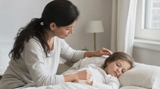Elternteil bleibt ruhig und besonnen am Bett des Kindes